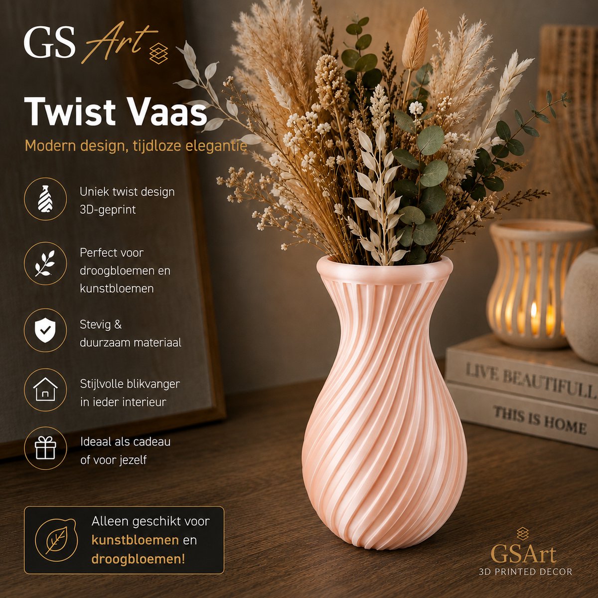 GSArt Twist Vaas 20 cm – Waterdichte 3D Geprinte Design Vaas - Zijde Roze
