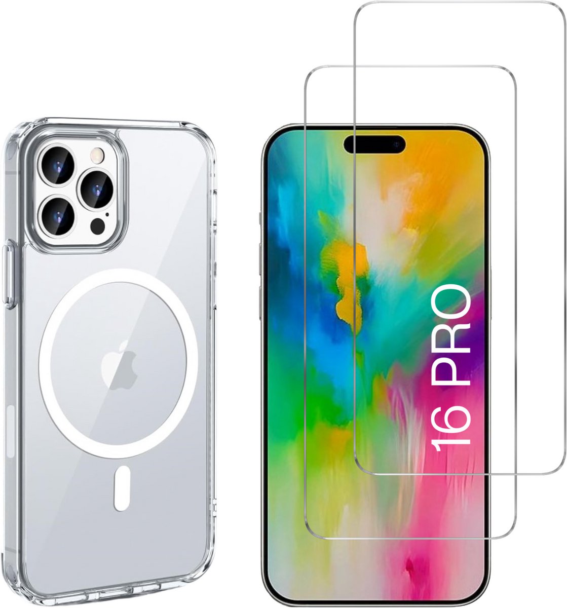 iPhone 16 Pro Hoesje backcover Shockproof siliconen Transparant met geïntegreerde magnetische cirkel en 2 stuks Screenprotector Gehard Glas