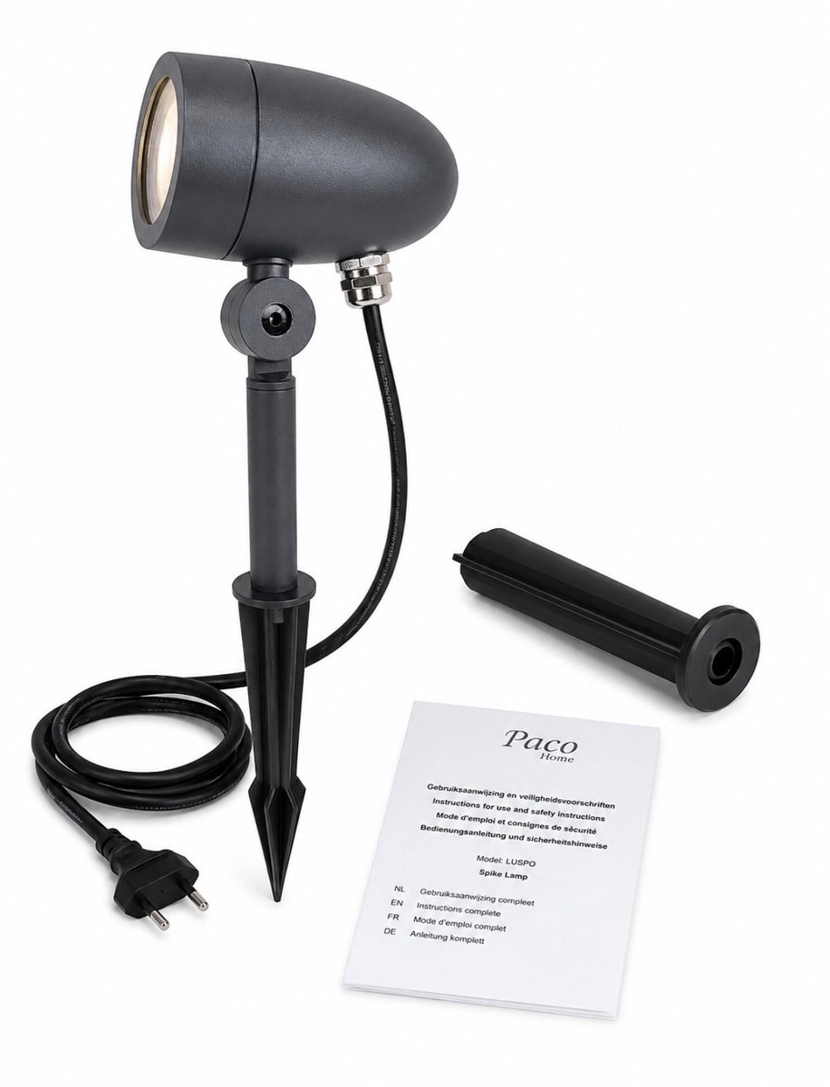 Paco Home LUSPO Tuinspot – Antraciet – GU10 – IP54 – Grondspies – Max. 10W – 150 cm Kabel