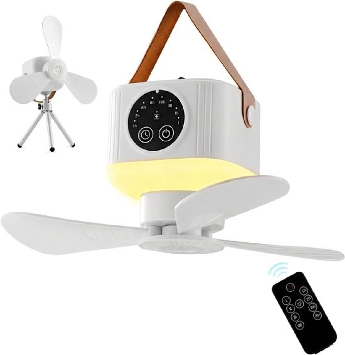 Campingventilator - Draagbare campingventilator - Met verlichting en afstandsbediening - Meerdere plaatsingsmethoden met statief - Wit - Voor luifel, strand en camper
