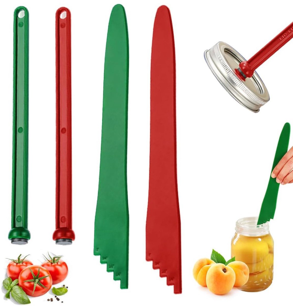 Inmaak Gereedschap Set van 4 - Magnetisch Dekselheffer & Luchtbel Verwijderaar - Hittebestendig Plastic Thuis Conserveringsset - Rood & Groen - Dekselheffer 17,6x1,6cm | Meetgereedschap 22,5x3cm