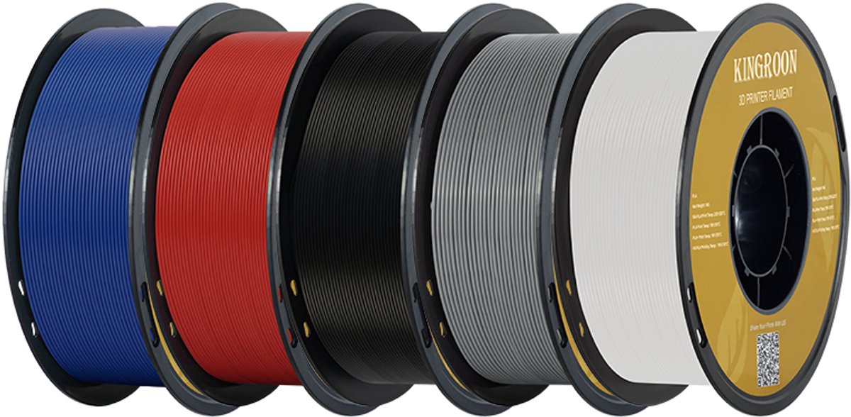 KINGROON Kleurenassortiment PETG Filament 1,75 mm – 5 kg – 5 Rollen van 1 kg – Rood, Donkerblauw, Zwart, Wit & Grijs – 3D Printer Filament