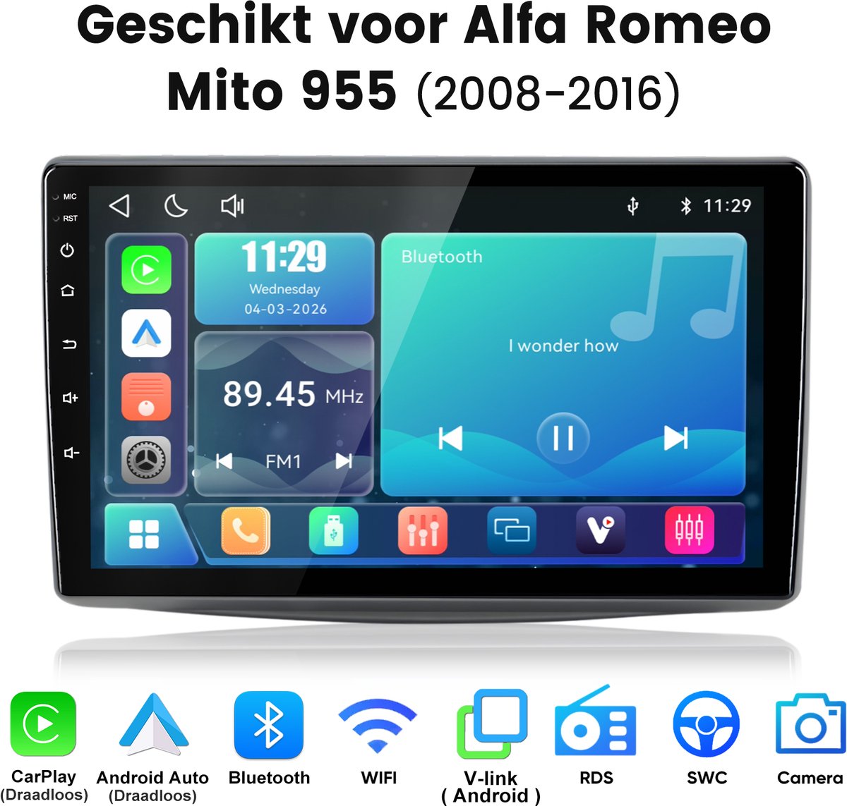 Junsun lINUX Draadloos Carplay & Andriod Auto Autoradio Geschikt voor Alfa Romeo Mito 2008-2016 - 9 Inch HD TouchScreen - Bluetooth - GPS navigatie- WiFi - FM - RDS- Airplay
