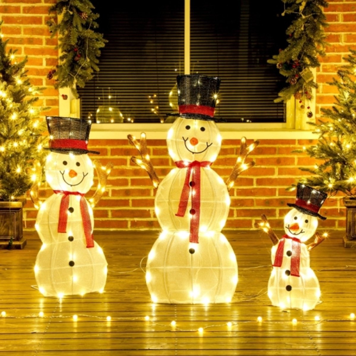 Driedelige kerst-sneeuwpopfamilie, buitendecoratie, ledverlichting, grondpinnen, waterbestendig, staal, polyester, wit