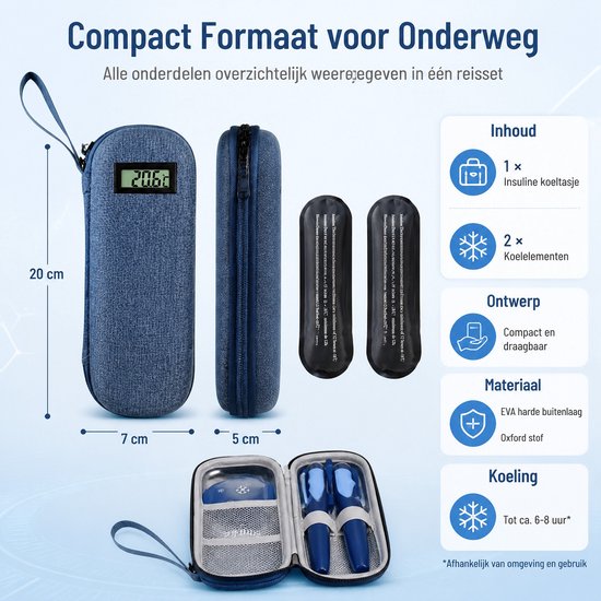 Insuline Koeltasje met Temperatuurweergave - Gekoelde Reisdoos met 2 Koelelementen - EVA Harde Schaal - Isolerende Insuline Etui - Voor Insulinepennen, Reizen en Kamperen - Donkerblauw — afbeelding 2