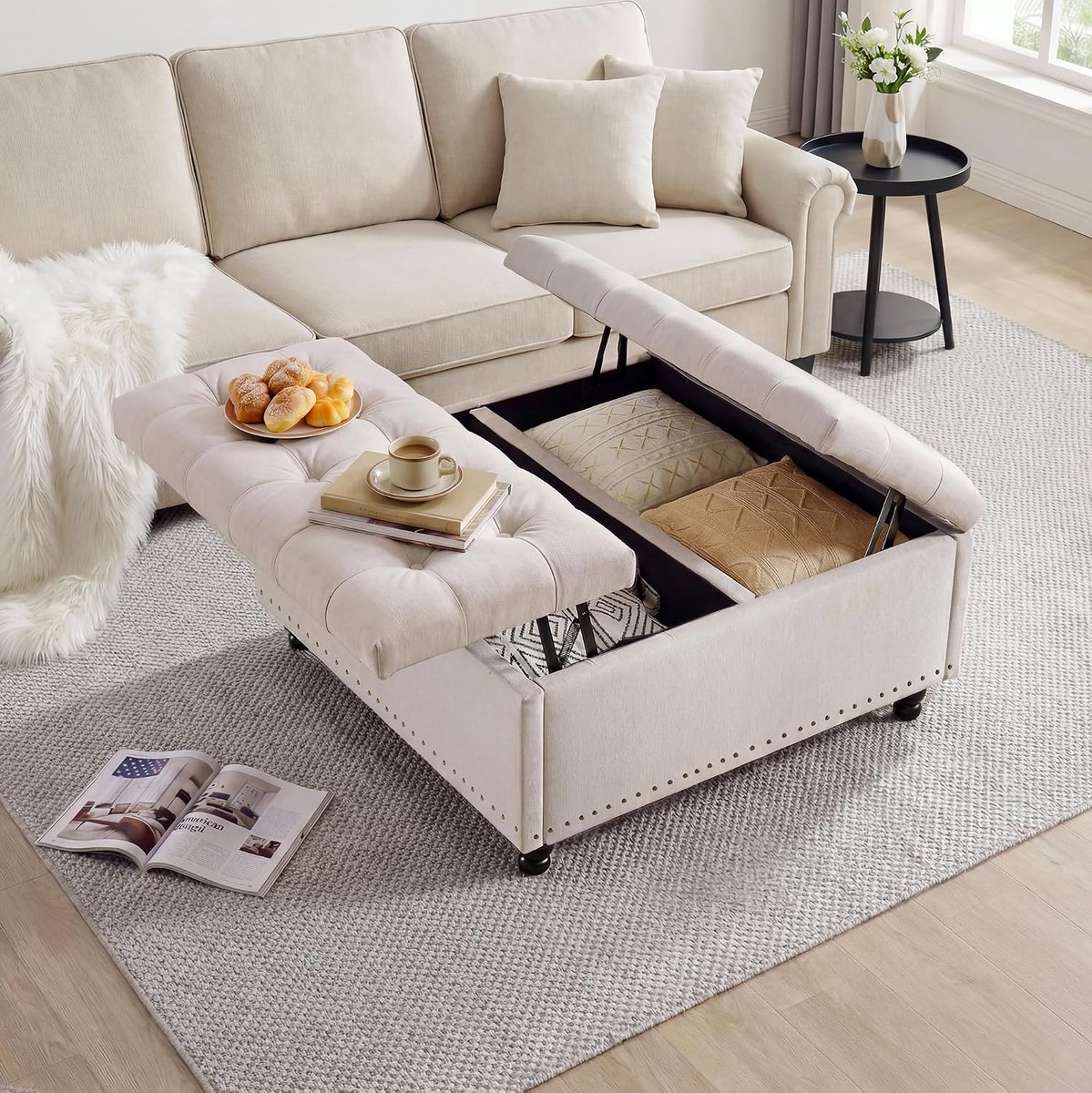 Multifunctionele opbergbank – Grote vierkante salontafel – Getufte bekleding met opklapbaar blad – Inhoud van 44,6 gallon – Draagvermogen van 300 lbs - Beige