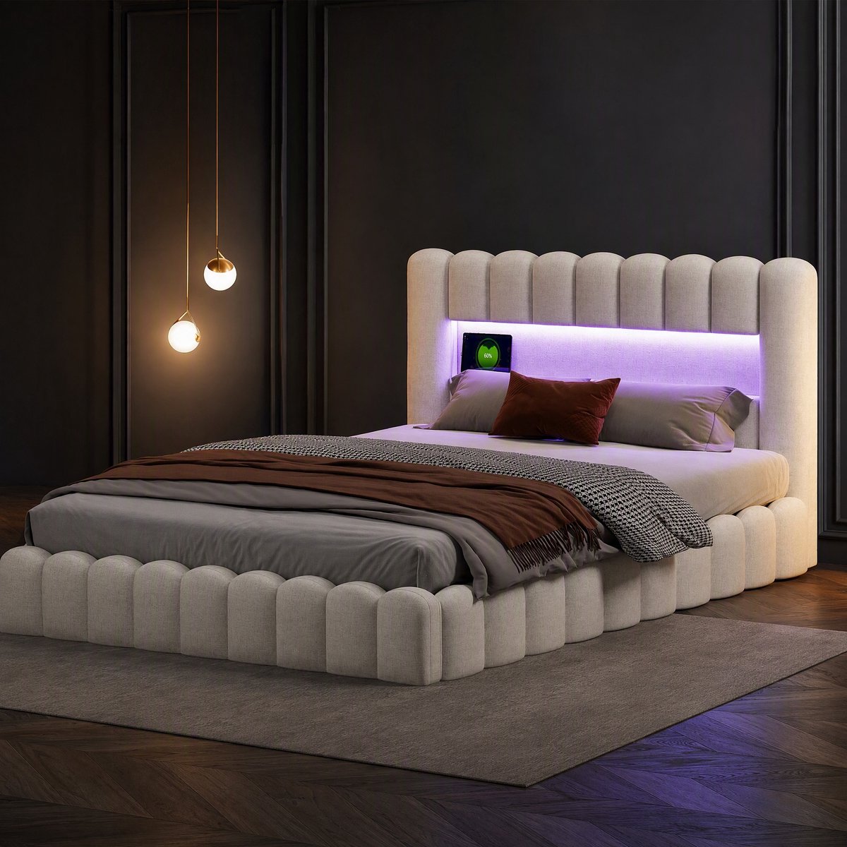 Gestoffeerd Bedframe 160x200 cm met LED, USB & Opbergruimte - Beige Linnen
