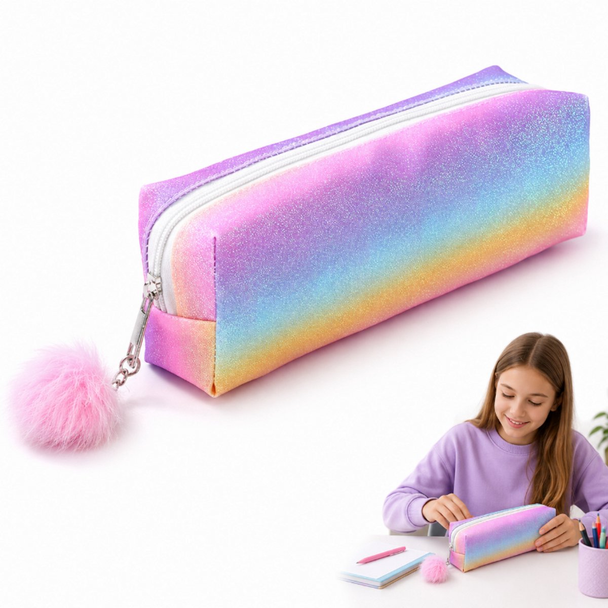 Etui -Regenboog Glitter Etui - Grote Capaciteit Pennenetui - Schoolspullen voor Meisjes - Stijlvolle Opbergtas voor School & Make-up - Ideaal Cadeau