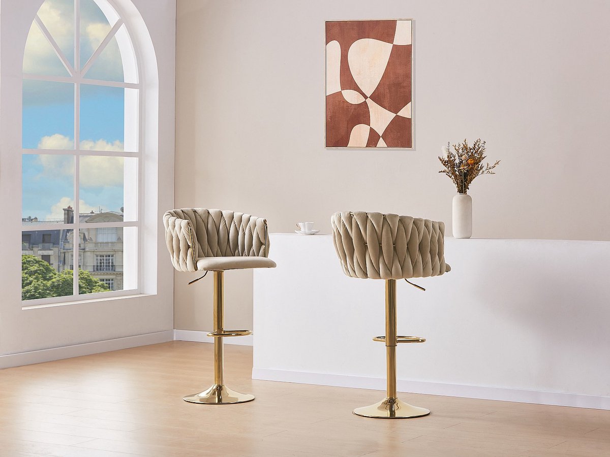 Vente-unique Set van 2 barkrukken in fluweel en goudkleurig metaal - Verstelbare hoogte - Beige ELEGANO
