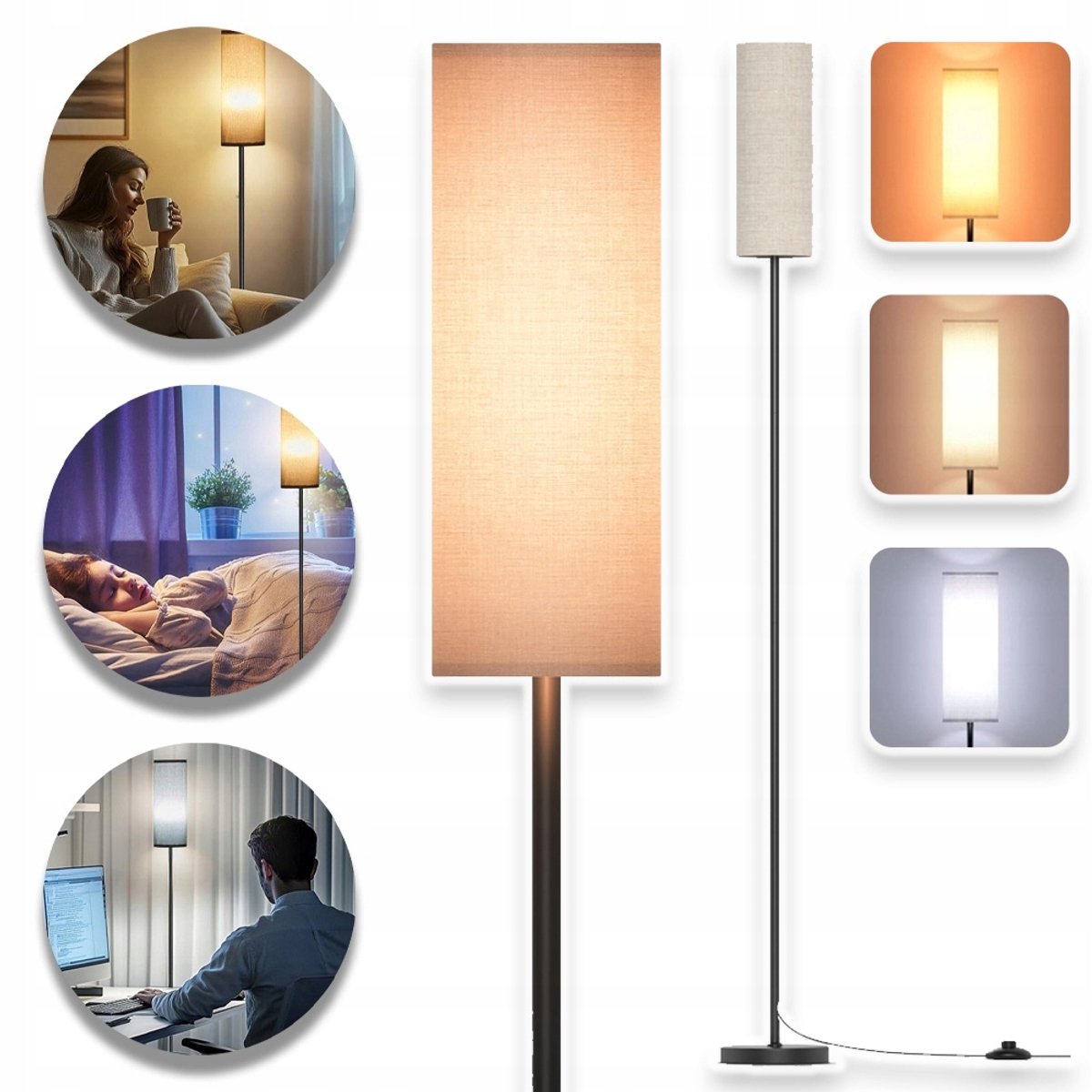 12W LED-Vloerlamp Met E27-Fitting En 3 Kleurtemperaturen (3000K/4500K/6000K) - Voetschakelaar Linnen Kap Anti-Kantelvoet - Ideaal Voor Lezen Woonkamer En Slaapkamer