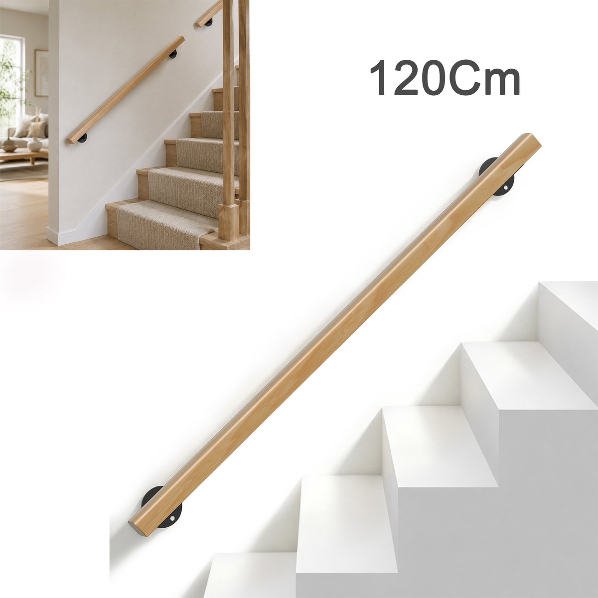 Beukenhouten Trapleuning 120 Cm – Massief Hout 60 x 40 mm – Platte Wandhandgreep met Stalen Beugels – Wandmontage voor Trap en Gang