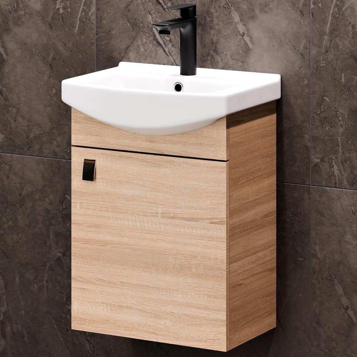 Planetmöbel Badkamermeubel Set 45 cm – Sonoma Eiken – Keramische Wastafel met Zwarte Kraan – Wandhangend – Soft-Close