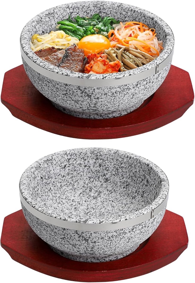 Koreaanse stenen kommen voor soep, met houten trays, ideaal voor bibimbap en andere gerechten, 2 stuks