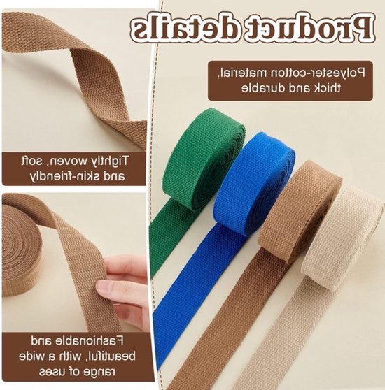 4-pack 18,3 m katoenen webbing naaigaren - 32 mm sterk poly-katoen lint - oker/beige/blauw/groen - eenvoudig lint voor casual gelegenheden en creatieve projecten — afbeelding 2