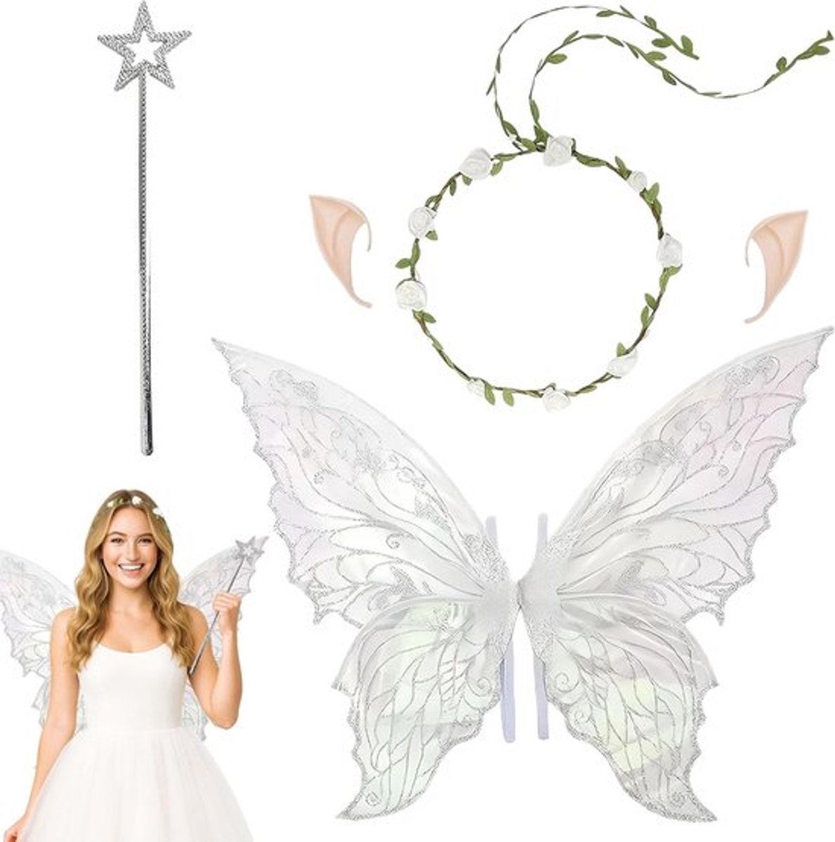 Feestelijke Feeën Kostuumset met Vleugels, Elf Oren en Bloemenkrans voor Kinderen en Volwassenen, Perfect voor Carnaval en Themafeesten