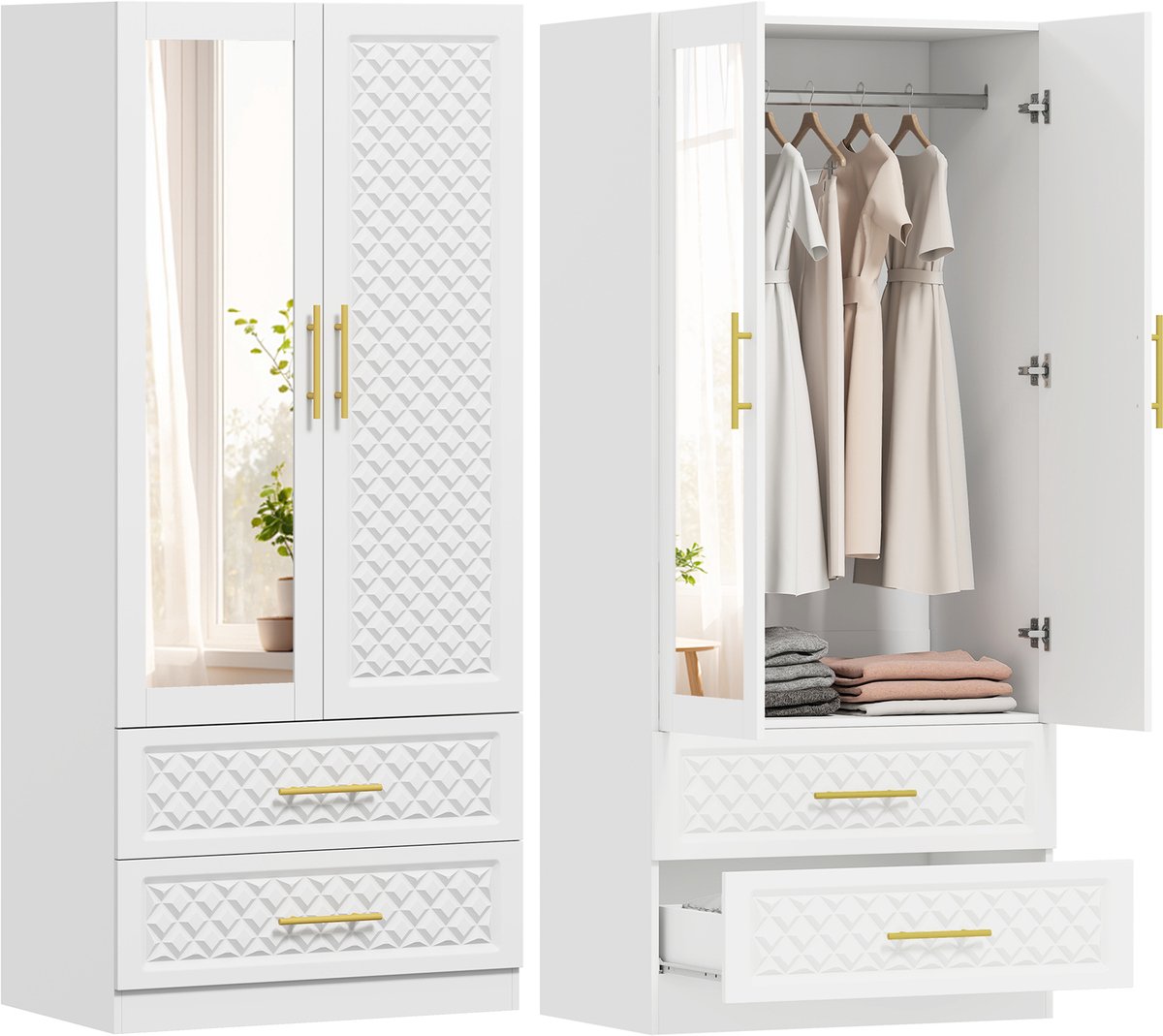 HOMCOM-Kledingkast-Spaanplaat-80x50x180cm-Grijs en wit