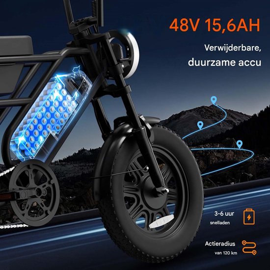 Elektrische Fatbike 16 x 3.0 Inch - 48V 15.6Ah - Tot 110 km Bereik - 250W Motor -Zilver — afbeelding 3