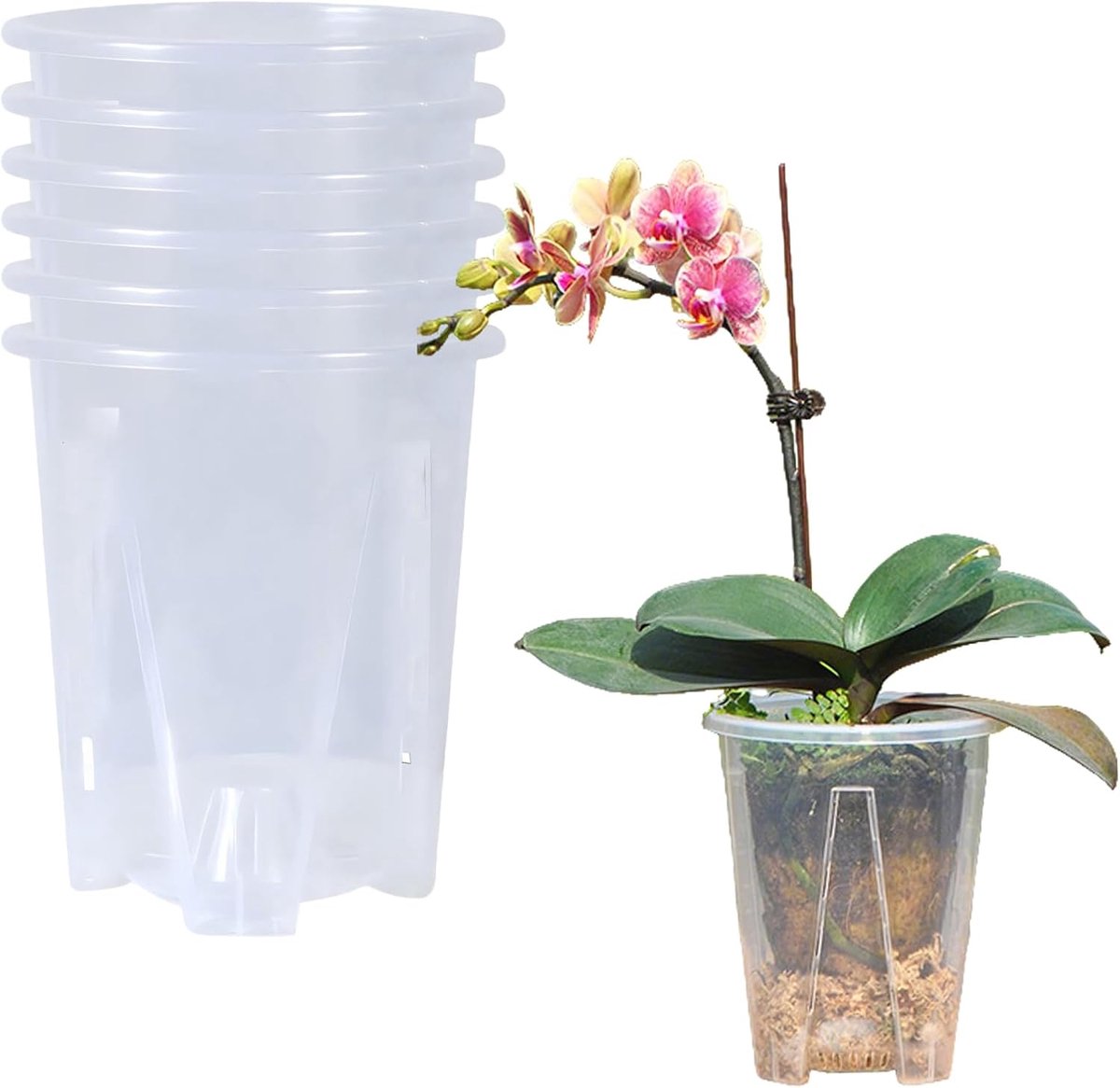 Plastic bloempotten - 6 stuks - Transparante geperforeerde bloempotten - Uitgeholde bloempotten - Geschikt voor orchideeën - Ademende bloempotten met sleuven - Met drainagegaten -Voor binnen- en buitenplanten/bloemen - Diameter 14 cm