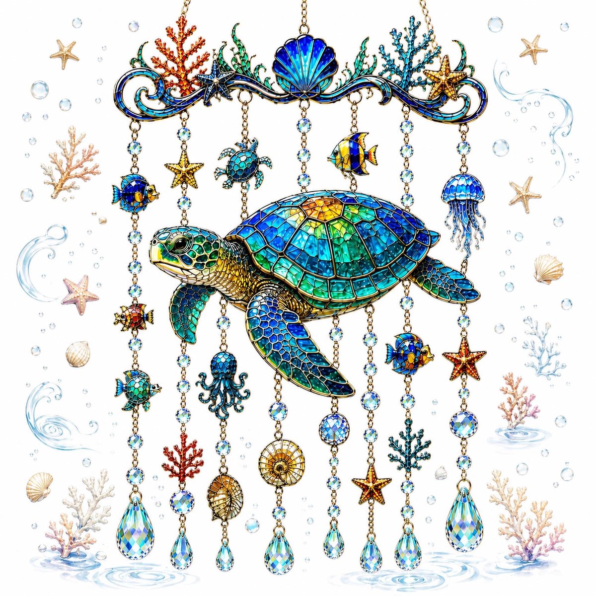 Casalora® Zeeschildpad Windgong met Kristallen – Oceaan-Thema Tuindecoratie – Windgong voor Buiten – Hangdecoratie voor Tuin, Terras, Balkon, Veranda, Raam en Woonkamer