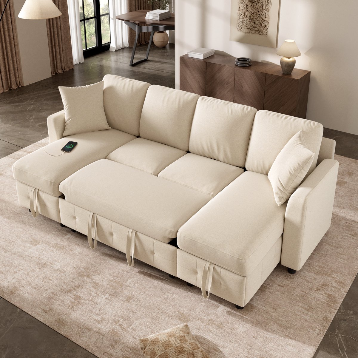 MODFU - U-Bank - Slaapfunctie En Opbergruimte - Chenille - Beige - 260 X 128 X 82 Cm