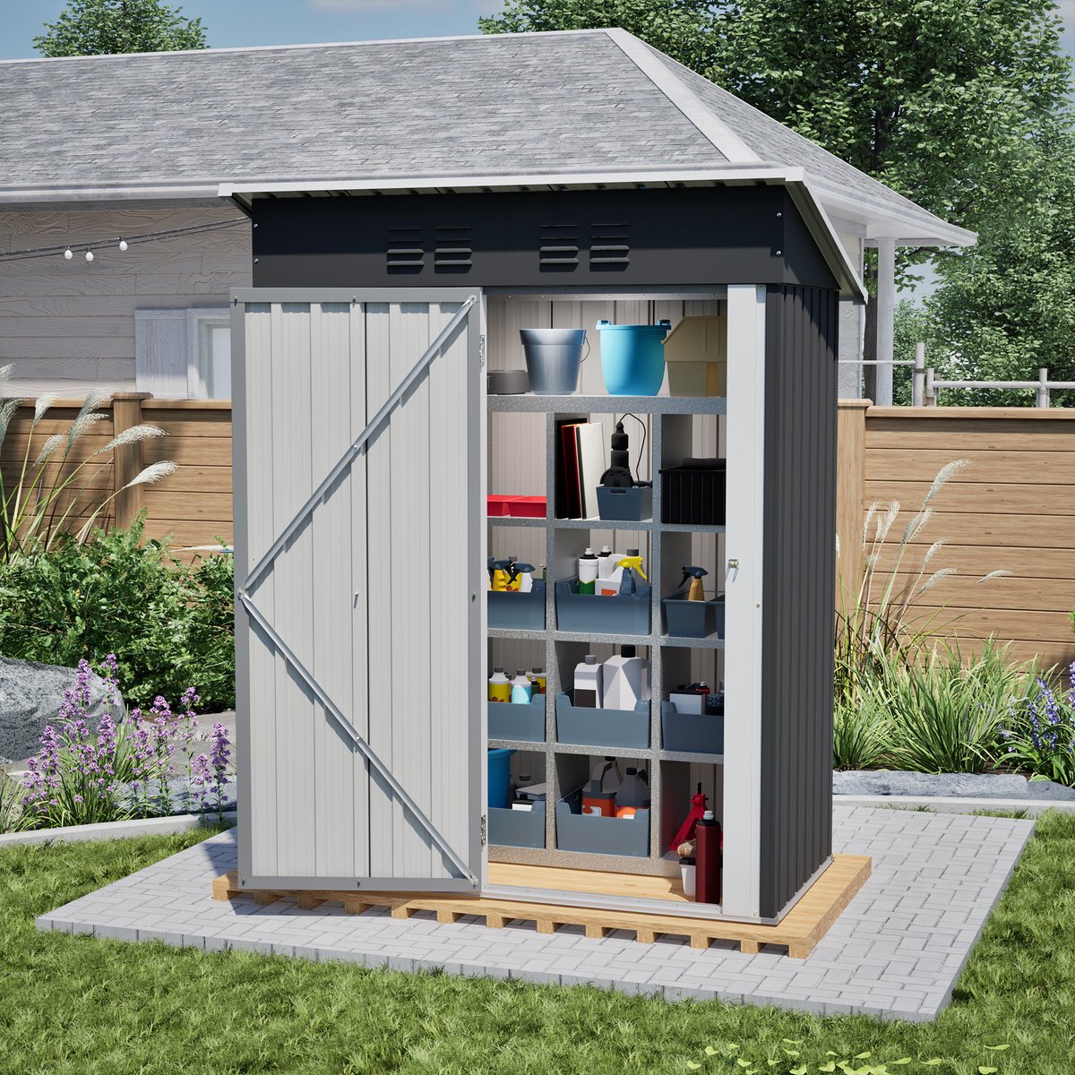 Tuinhuis Gereedschapsschuur 152 x 84 x 182 Cm Metaal Zwart Met Afsluitbare Metalen Deur Zonder Ramen Voor Veilige Opberging In Kleine Tuinen