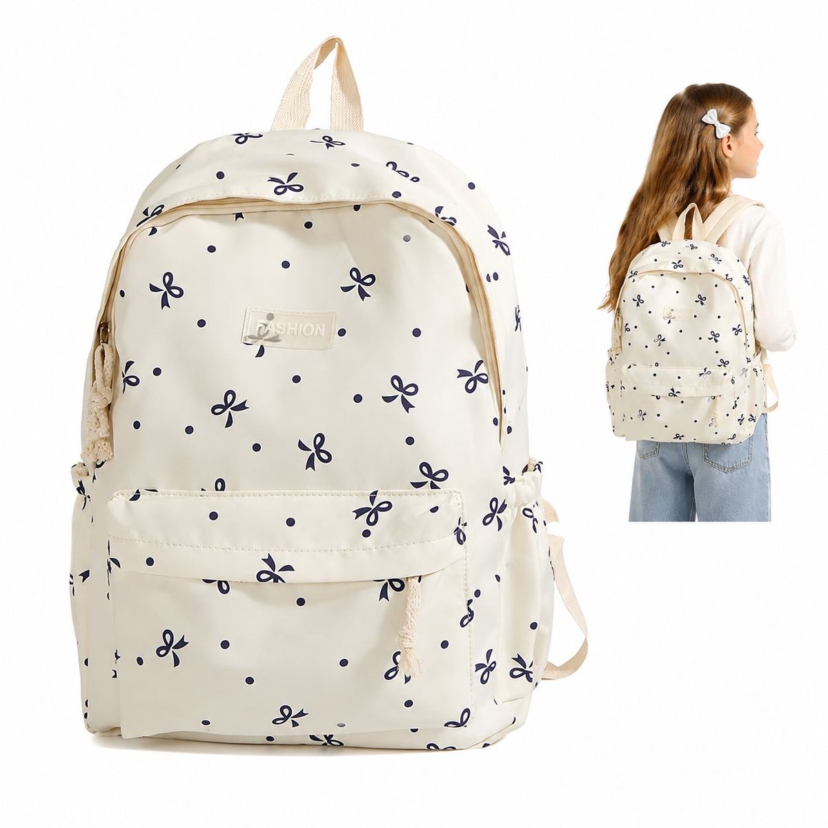 Rugzak - Schooltas Meisjes - Rugzak Kind - 31x13x42 cm - Laptop Rugzak voor Basisschool - Middelbare School - Boekentas met Strik - Cadeau Meisje - Beige（Blauwe bloemen）