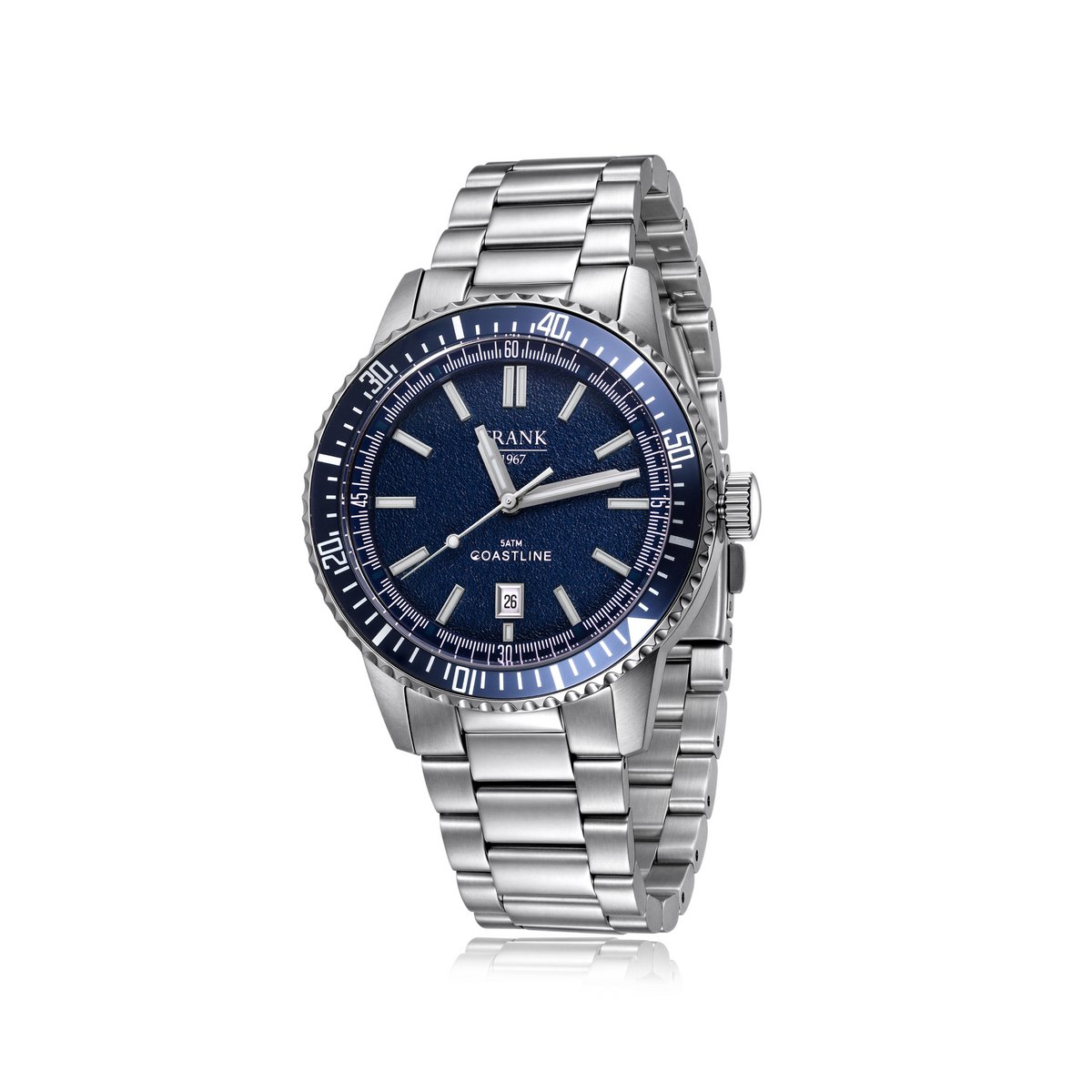 Frank 1967 7FW-0030 – Heren Horloge – Blauwe Wijzerplaat – RVS Schakelband – 40 mm – 5 ATM Waterbestendig – Cadeau voor Mannen