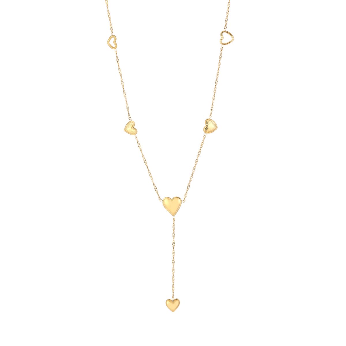Elegante Roestvrijstalen Y-Ketting met Subtiele Hartenbedels - Dames Sieraad - Goud