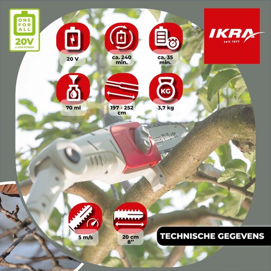 IKRA telescopische accu-hoogsnoeier ICPS 2020, werkhoogte tot 4 meter, inclusief 20 V accu, oplader en schouderriem van IKRA — afbeelding 3