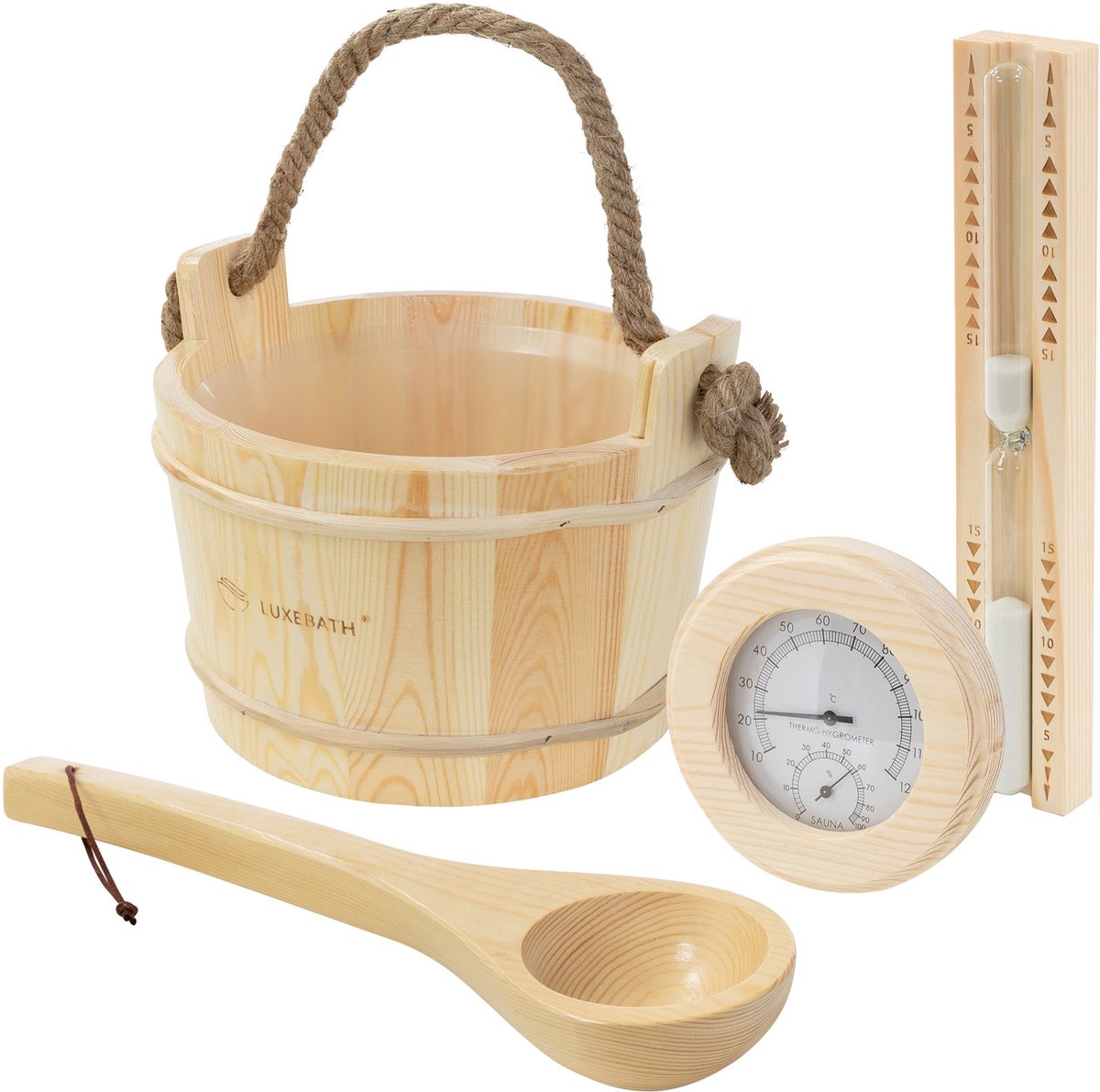LuxeBath | Sauna-accessoireset, 4-delig, van massief grenenhout, sauna-emmer van 4 liter met hennepkoord, saunaspatel, thermometer-hygrometer en zandloper van 15 minuten