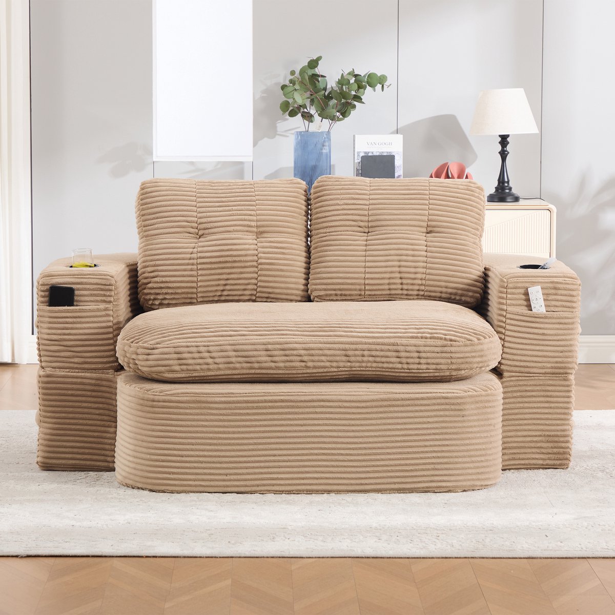 MODFU-Slaapbank-Cord-Khaki-2-Zits-Slaapfunctie-Hoge Rugleuning-2 Bekerhouders