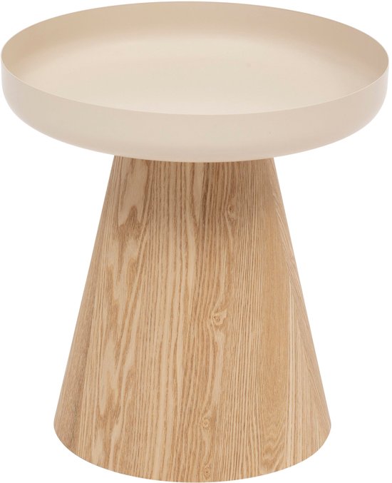 Une table d'appoint beige avec un pied conique en bois et un plateau rond.