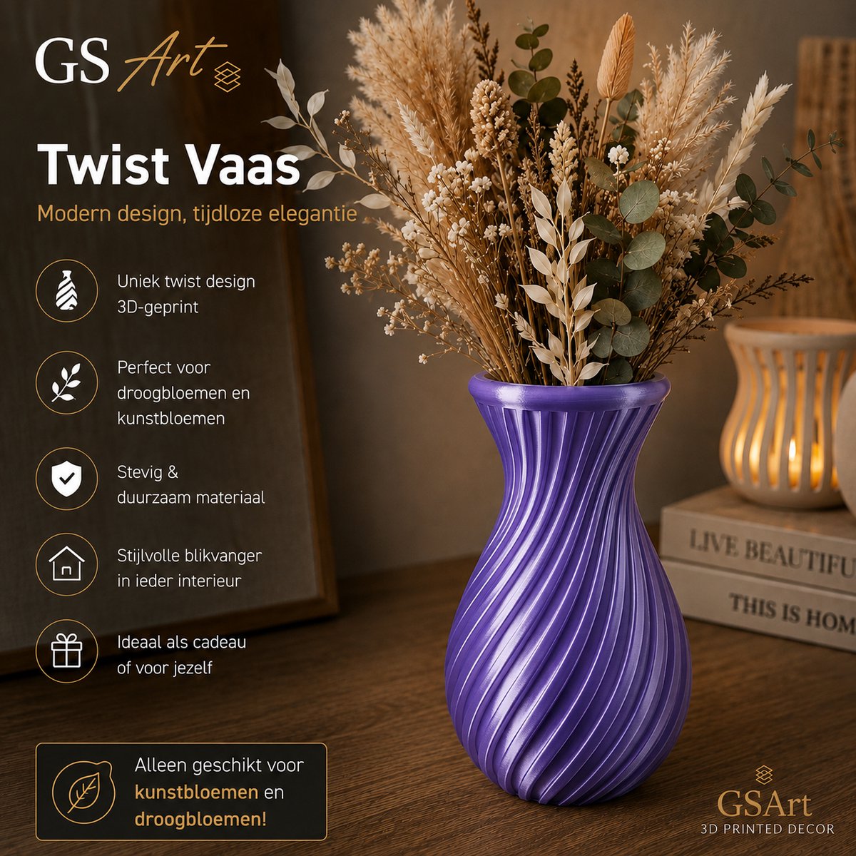 GSArt Twist Vaas 20 cm – Waterdichte 3D Geprinte Design Vaas - Zijde Paars