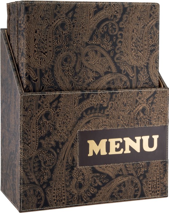Schuine aanzicht van een bruine menukaarthouder met paisleymotief en het woord MENU in goud.