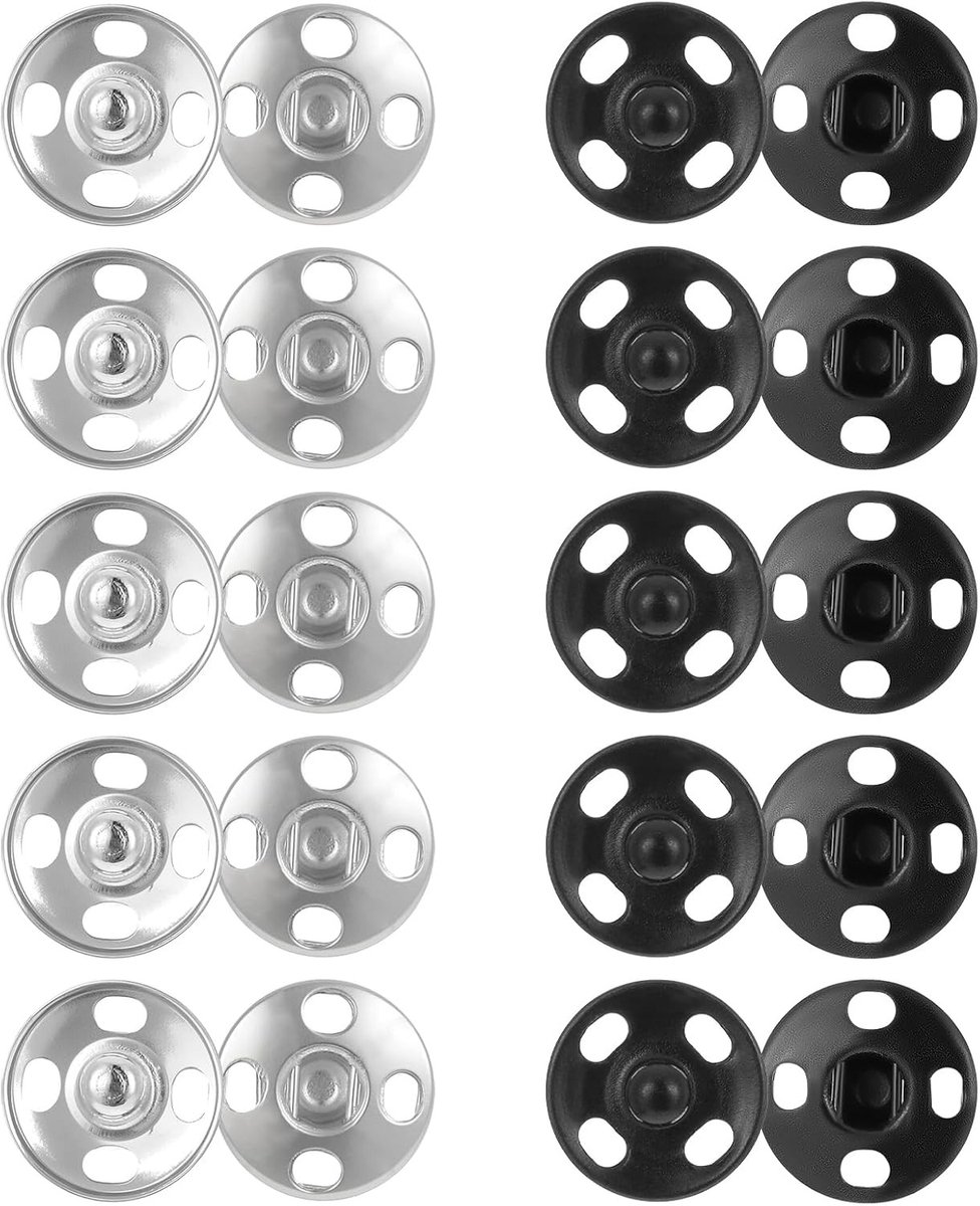 Hoge kwaliteit 10mm naai knopen - 100 sets metalen drukknopen voor kleding en accessoires (Zwart & Zilver)