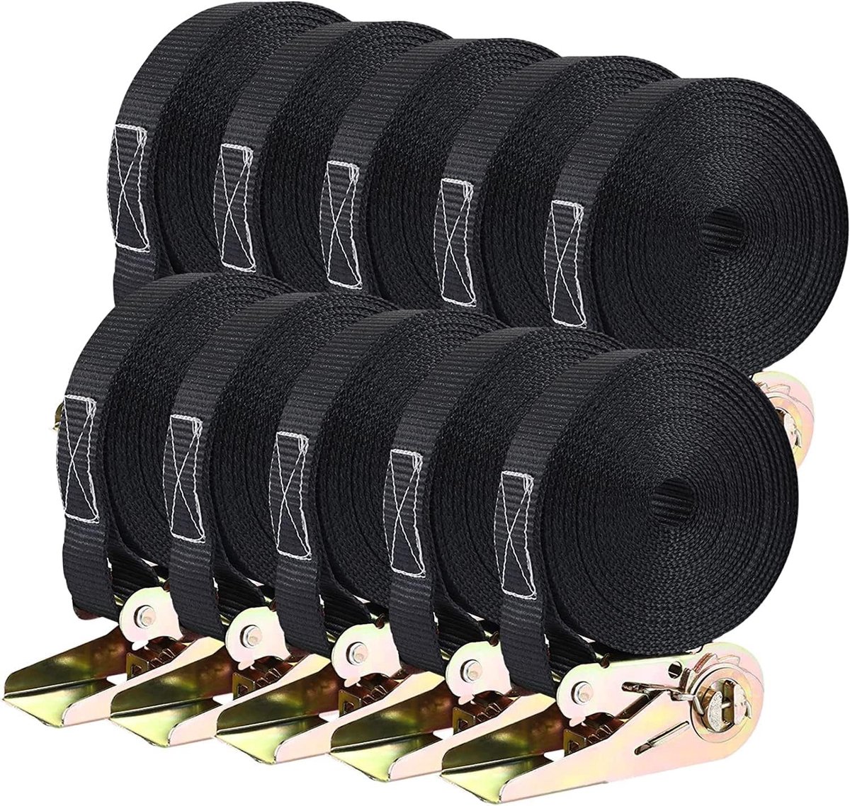 Set van 10 robuuste spanbanden van 6 m lang, 25 mm breed, met een draagkracht van 800 kg voor het veilig vastzetten van ladingen