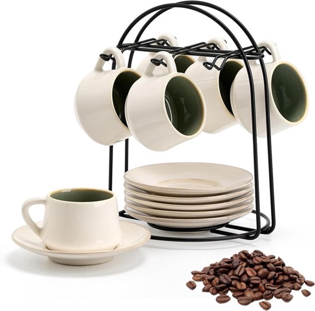 Keramische koffiekoppen en schotels met zwarte standaard - stapelbare set voor cappuccino, espresso en latte in kleurrijk patchworkdesign