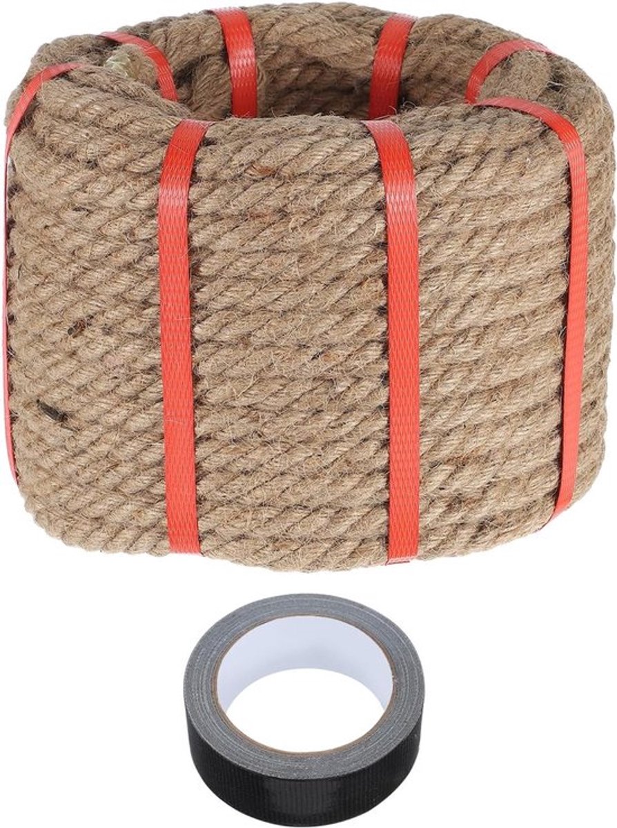 Jute touw 2 cm x 25 m dik, natuurlijk gevlochten met zwarte band voor handwerk, schommels en tuindecoratie