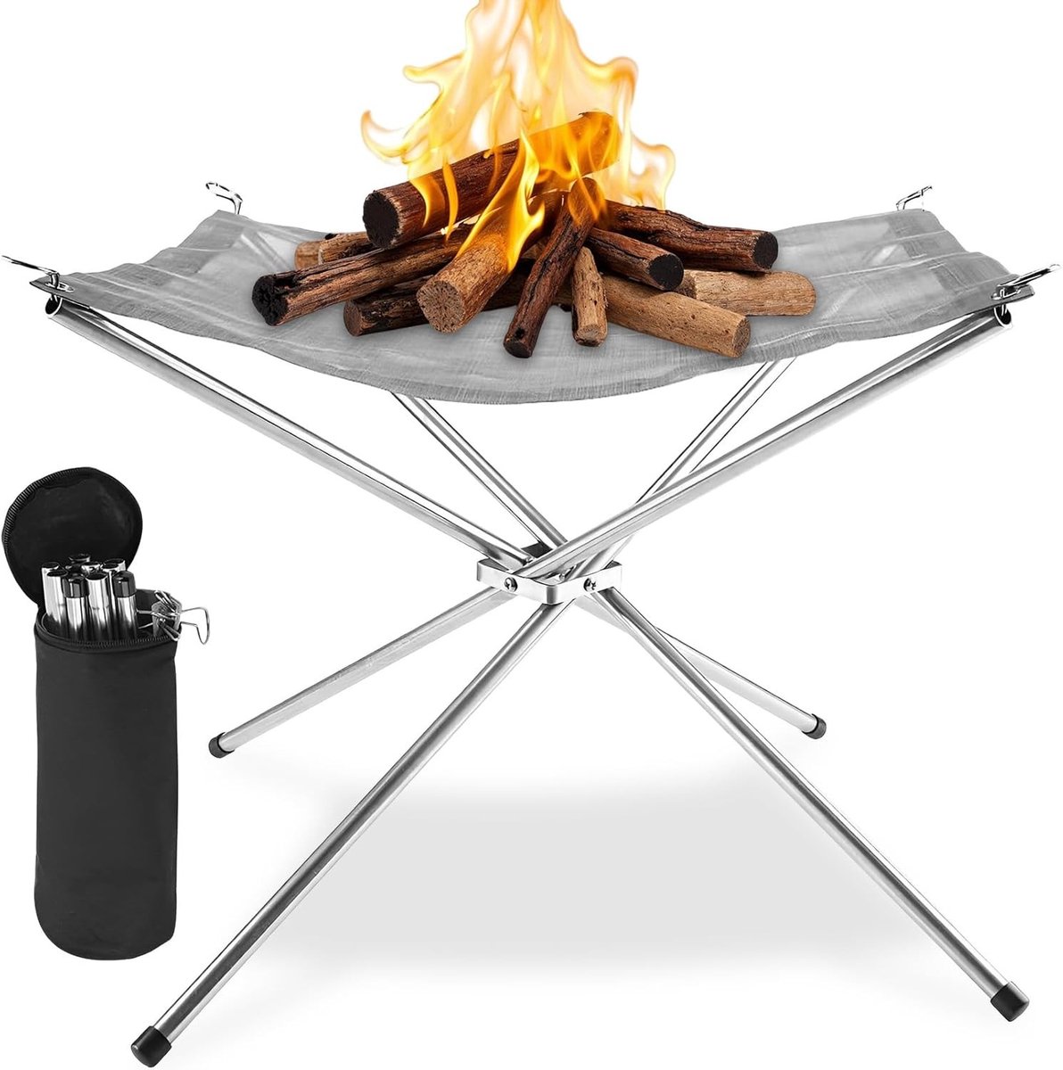 Draagbare Camping Vuurschaal met Opbergtas, 42cm Vouwbare Buitenhaard, Roestvrijstalen BBQ Vuurbowl voor Picknick, Bonfire en Tuinfeest