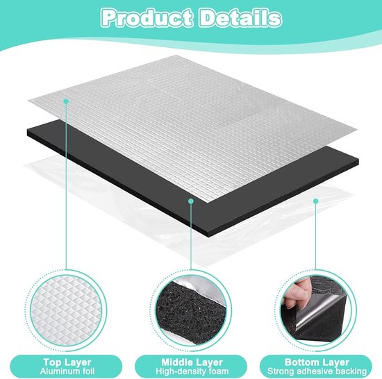 Geluiddempende Mat 15 Stuks 25 x 18 cm Brandwerend Zelfklevend Waterdicht Vochtbestendig Warmte-isolerend voor Deuren en Kofferbak — afbeelding 2
