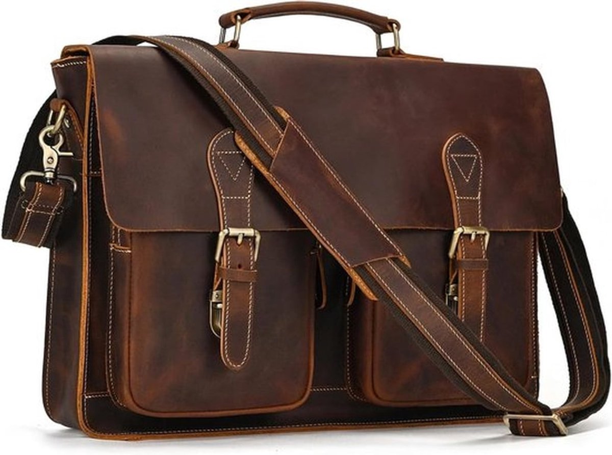 Stijlvolle leren aktetas voor mannen, geschikt voor 14 inch laptop, moderne office tas van echt buffelleer
