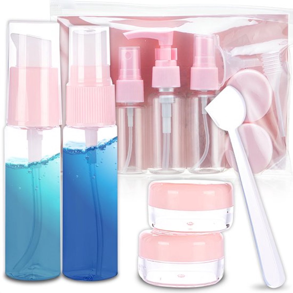 Reisflessenset 8-delig - Vliegreis Accessoires - Cosmetica Opbergset - Plastic Flessen - Lege Pompfles - Duurzaam Materiaal - Cosmeticaflessen
