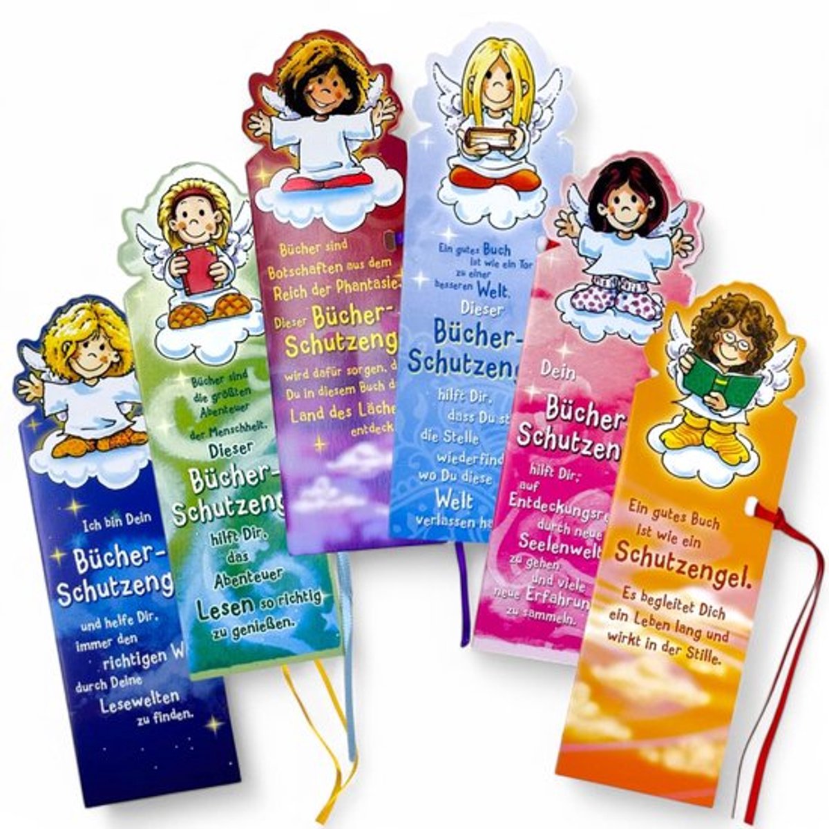 Bladwijzerset 6 Stuks - Gekleurde Designs - Beschermengelspreuken - Satijnen Linten - Opklapbaar - Hoogwaardig Papierkarton - Bladwijzers