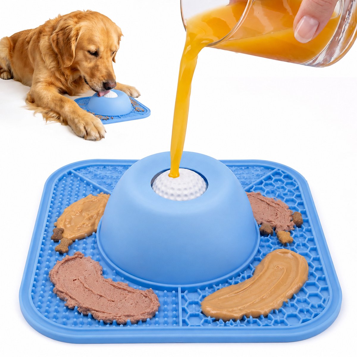 Ulisem - Slow Feeder Hondenbak - Anti Schrokbak met Likmat & Interactieve Rolbal - Likkom voor Honden en Katten - Natvoer & Snacks - Blauw