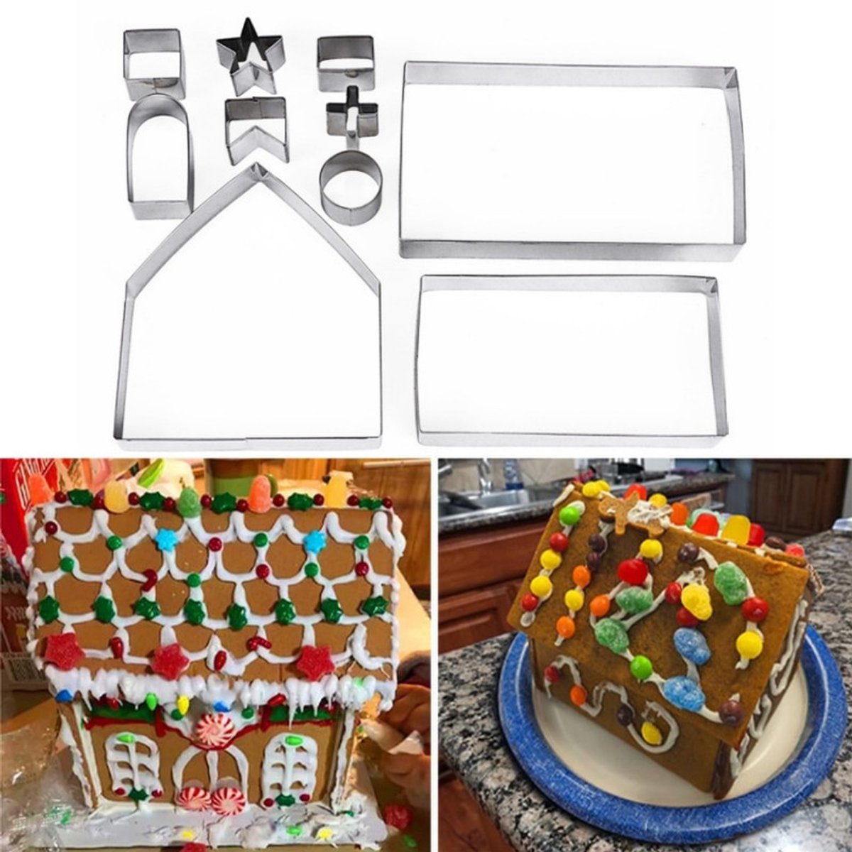 Set van 10 stuks - Kerst peperkoekenhuisje koekjesvormpjesset - Huis koekjesvormpje - Koekjesvormpje van roestvrij staal - Gebakvormpje - Gemakkelijk te snijden - Zilver - Geschikt voor feestdagen, taarten, deeg, donuts en fondant