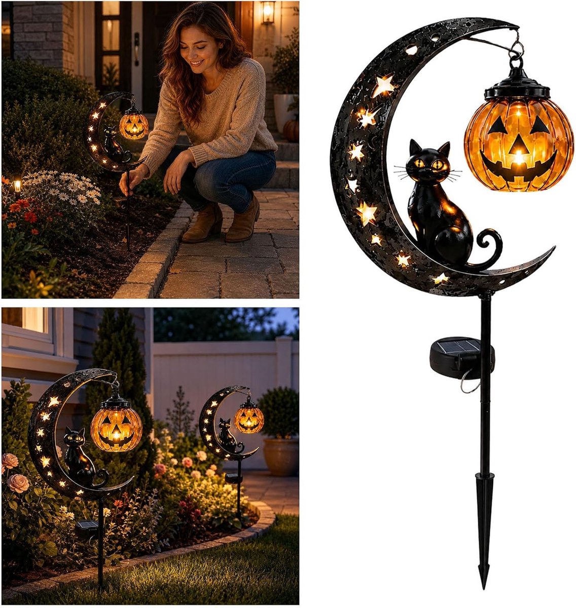 Tuinverlichting op zonne-energie voor Halloween - 1 stuk - 80×18cm - Zwarte Kat Pompoen Maan - LED-verlichting voor een sfeervolle verlichting - Verwijderbare grondpen - Geschikt voor terrassen, gazons en tuinpaden