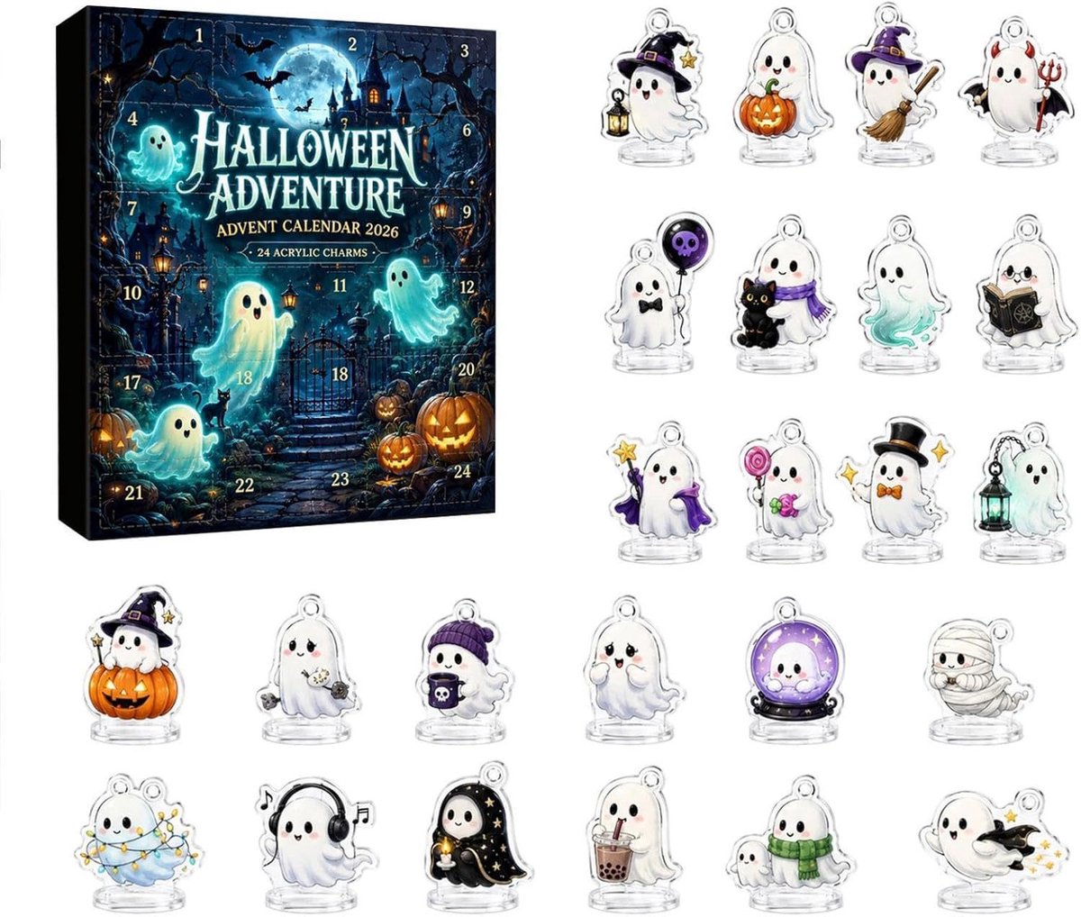 Halloween Adventskalender - 24 Delige Acryl Spookdecoratie - Aftelkalender voor Kinderen en Volwassenen - Feestelijke Hangdecoratie - 2D Ontwerp - Geschikt voor Thuis en Feestjes - Kleurrijk en Vrolijk - Tassenhanger en Woonaccessoire