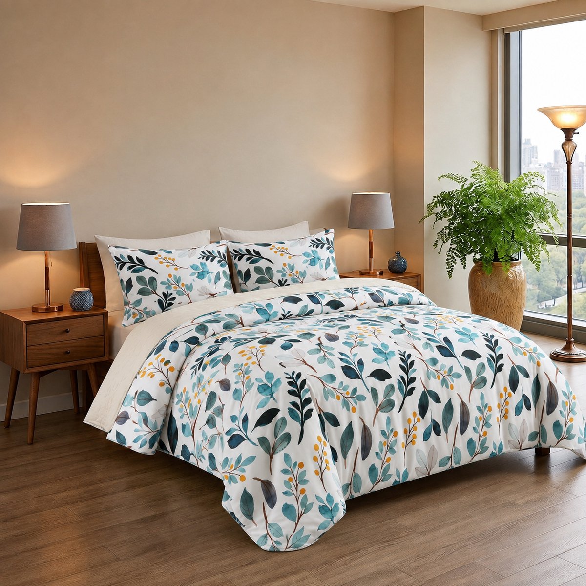 TRANKIELO® - sprei 200 x 200 cm - Ademend en Zacht - 4 Seizoenen met 2 Kussenslopen - Blauw Blad