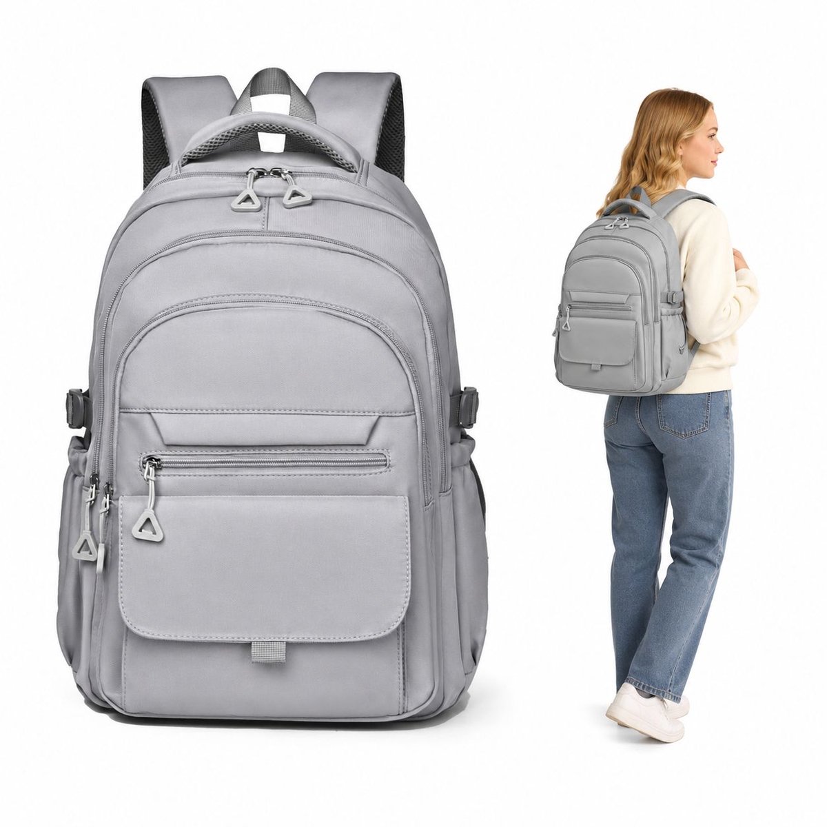 Bobypet - Rugzak - Schooltas voor Meisjes en Jongens - Ruime Rugzak voor Basisschool en Middelbare School - Lichtgewicht en Waterbestendig Nylon - 29x13x44 cm - Cadeau voor Scholieren - Grijs