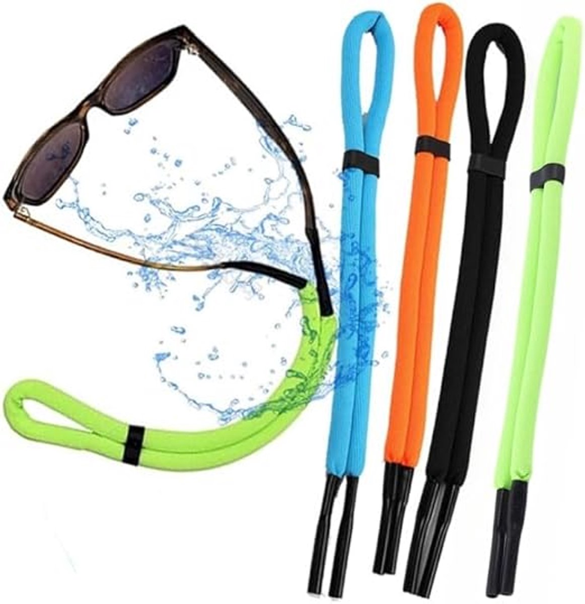 4 stuks - Brillenkoord - Antislip brillenbandje - Drijvende zonnebrilbandjes - Verstelbaar - Lichtgewicht - Brillenkoord Set - Brillenaccessoire - voor varen, kajakken, vissen, suppen, strand, meer, zwembad - 65 cm - zwart, oranje, groen, blauw